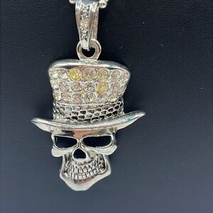 Skull Rhinestones Top Hat Oversized Necklace Goth Halloween Ball Necklace